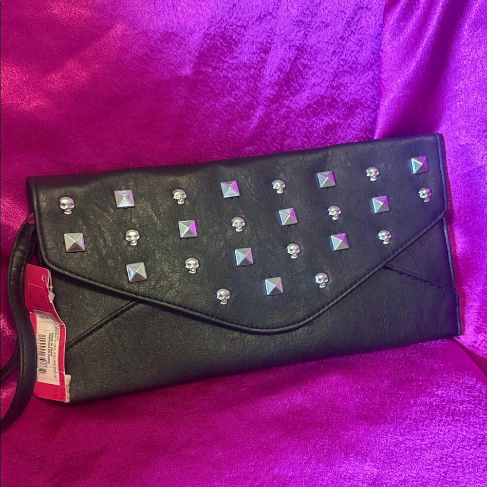 NWT xhilaration Black Studded Clutch with skulls